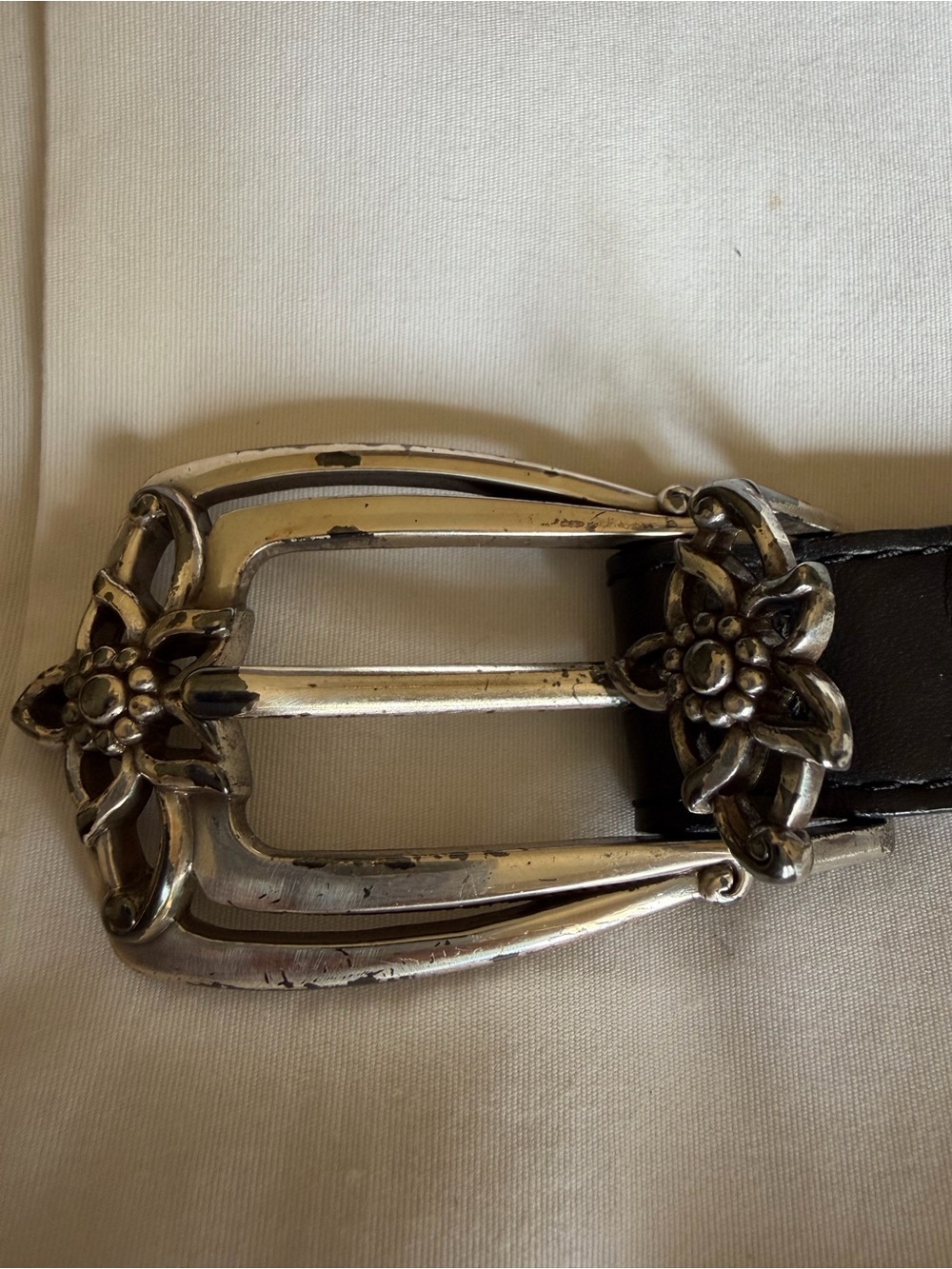 Brighton Silver Floral Buckle Belt with Black Leather Strap